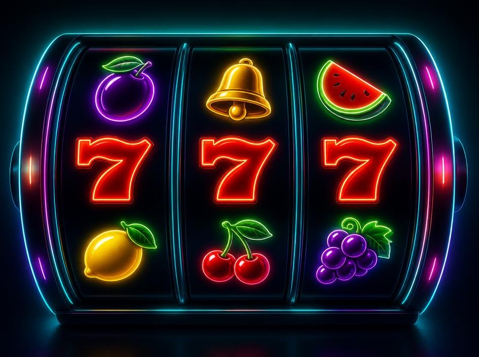 Neon slot machine reels with fruit and seven symbols