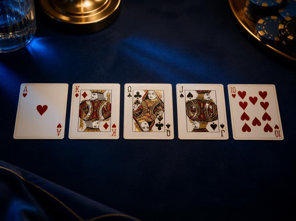 Five playing cards laid out in a row on dark blue felt