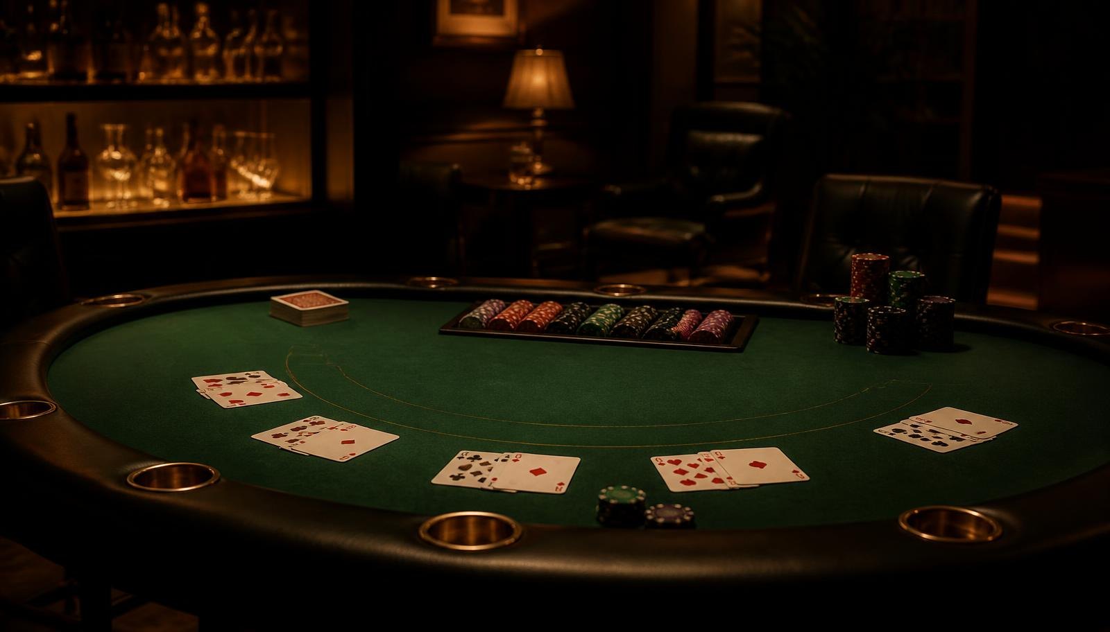 Empty blackjack table with cards and chips in a dimly lit lounge